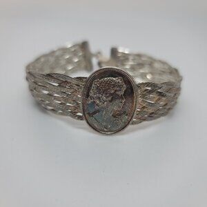 Italian Milor Sterling Cameo & Braided Herringbone Chain Bracelet